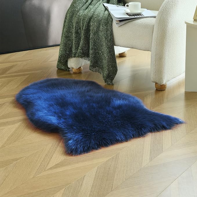 duduta Navy Blue Faux Sheepskin Throw Rug 2x3 ft, Fluffy Shag Fur Chair Cover - Image 6