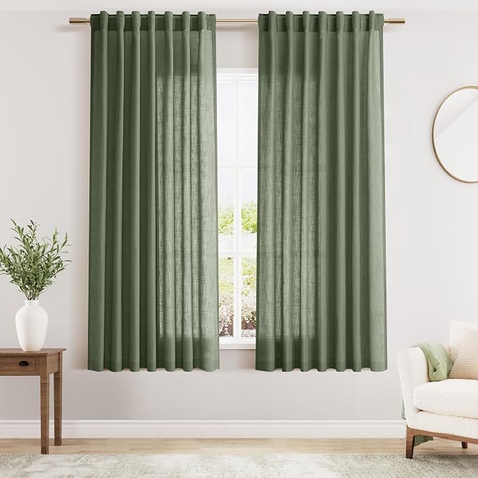 Nanspring Olive Green Linen Curtains 63 Inches Length 2 Panels Set by Nanspring