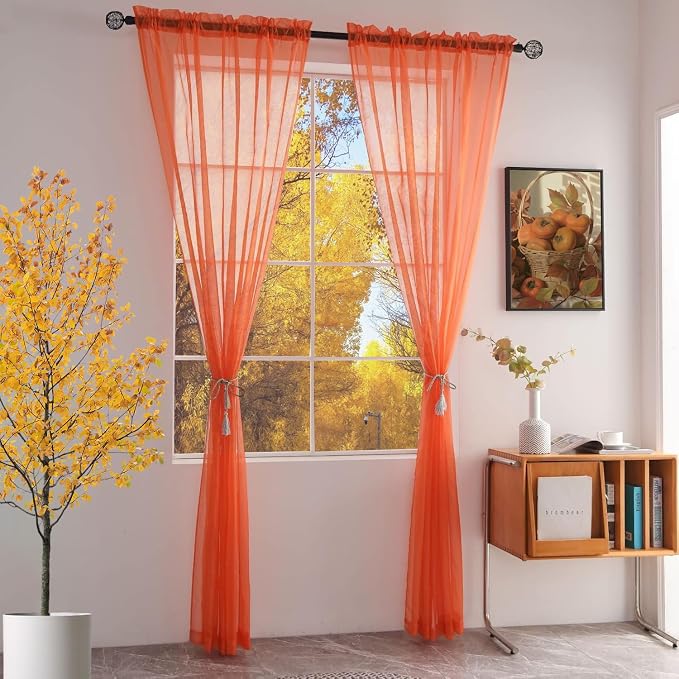 SpaceDresser Basic Rod Pocket Sheer Voile Window Curtain Panels Jaffa Orange 1 - Image 2