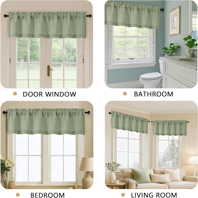 OVZME Green Valance for Windows, Light Filtering Faux Linen Textured Small Cafe - Image 5