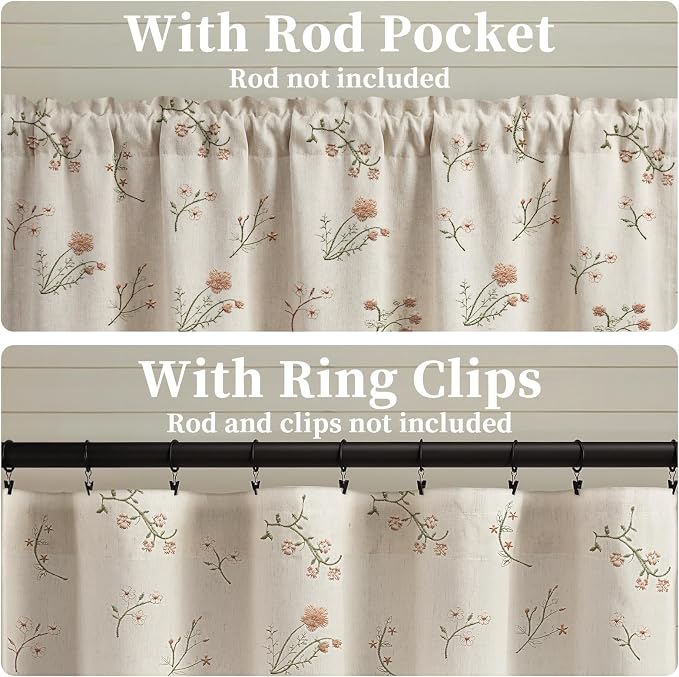 Kitchen Valances for Windows, Floral Embroidered Spring Linen Blend Farmhouse - Image 5