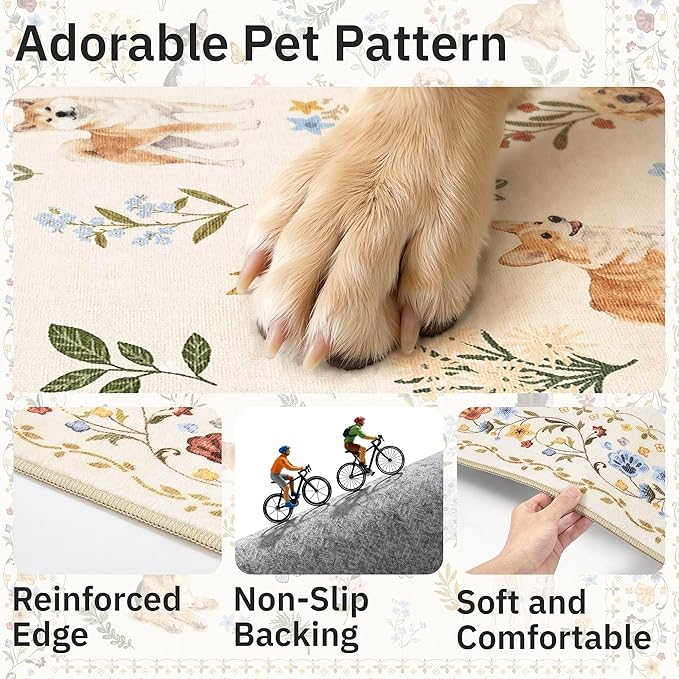 Dog 6x9 Area Rugs for Living Room, Machine Washable Animal Floral Vintage Rug - Image 6