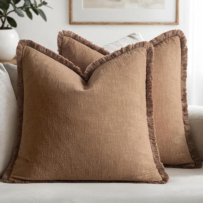 MIULEE Linen Fringe Decorative Fall Euro Throw Pillow Covers Brown 22x22 | Set by MIULEE