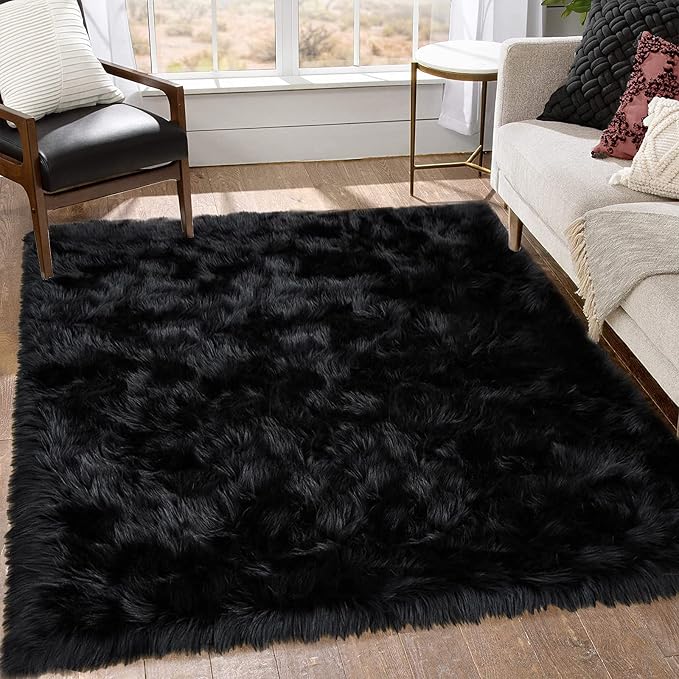 Goolela Black Area Rug 6x9 Fluffy Fuzzy Furry Shag Faux Sheepskin Fur Rug - Image 2