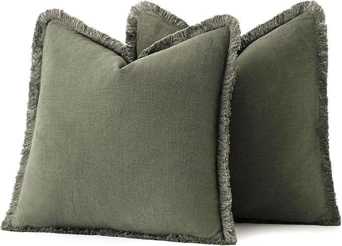 MIULEE Boho Linen Fringe Decorative Throw Pillow Covers Olive Green 18x18 | Set - Image 6