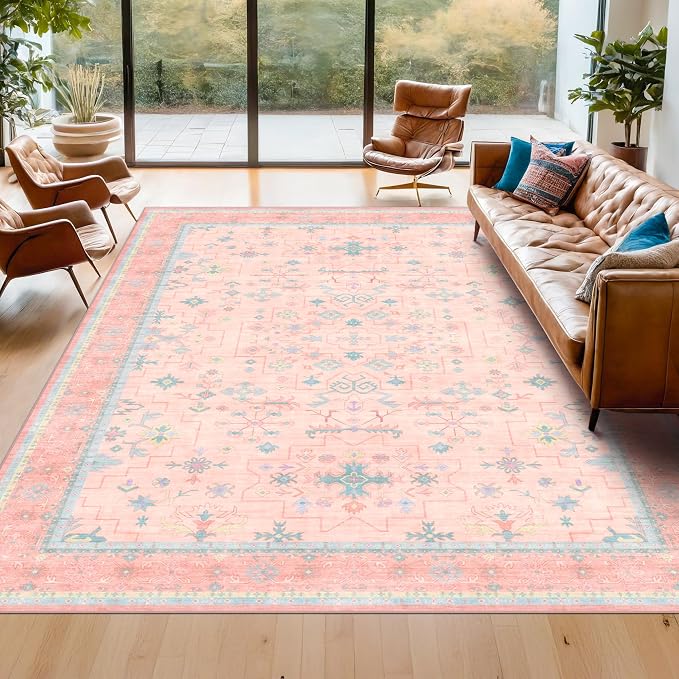 Washable Pink and Blue 7x9 Boho Rugs - Image 3