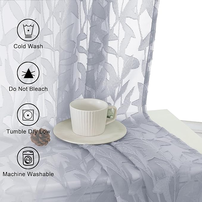 Lecloud Leia 2 PCS Light Grey Sheer Kitchen Curtains 36 Inch Length, Breathable - Image 8