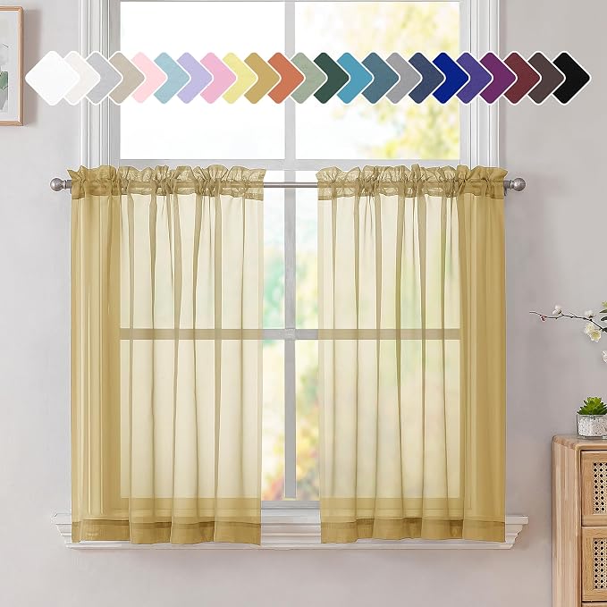 Simplebrand Gold Short Sheer Kitchen Cafe Curtains 36 x 36 Inch, 2 Panels by Simplebrand