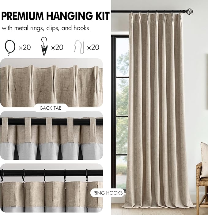 MIULEE Sand Pinch Pleated 100% Blackout Linen Curtains 40x90 Inches | Room - Image 8