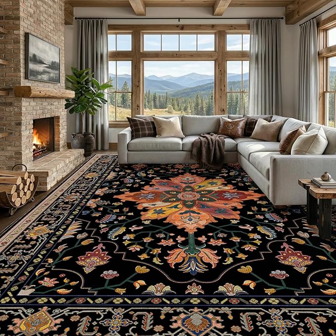 Area Rugs 10'x14' Washable Non-Slip, Floral Vintage Distress Print Pattern by RELEANY