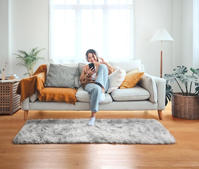 ONASAR 2x6 Runner Rugs for Bedroom Living Room, Fluffy Tie-Dyed Light Grey - Image 7