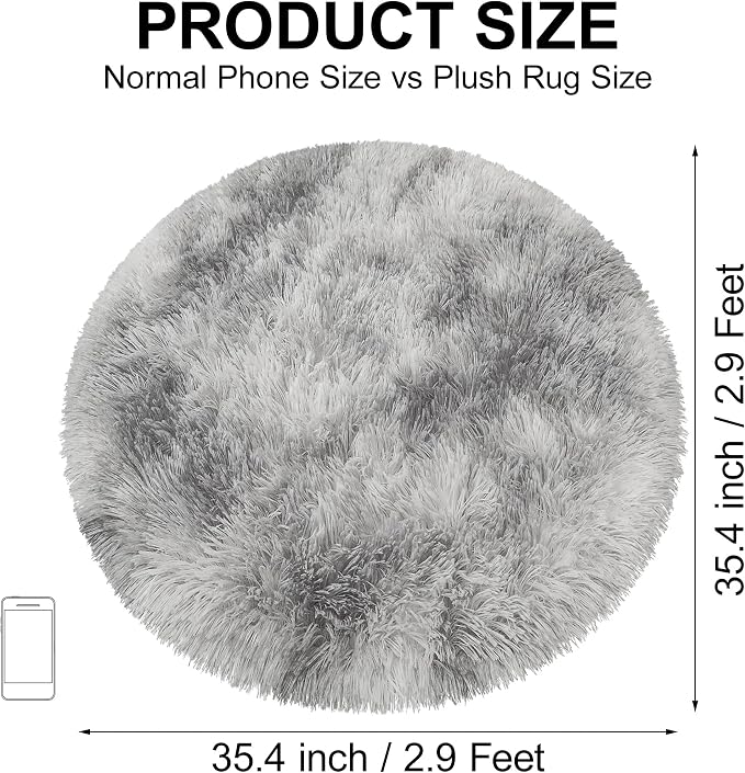 Tie Dye Grey Round Rugs Small 3x3 ft Fluffy Circle Rug Furry Carpet Shaggy - Image 2
