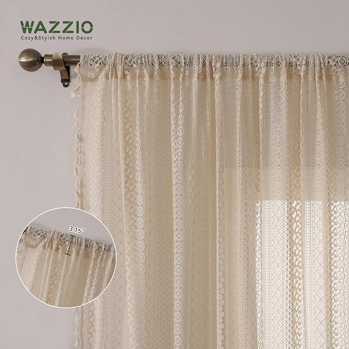 WAZZIO Boho Lace Curtains 63 Inches 2 Panel, Light Filtering Privacy Tassel & - Image 4
