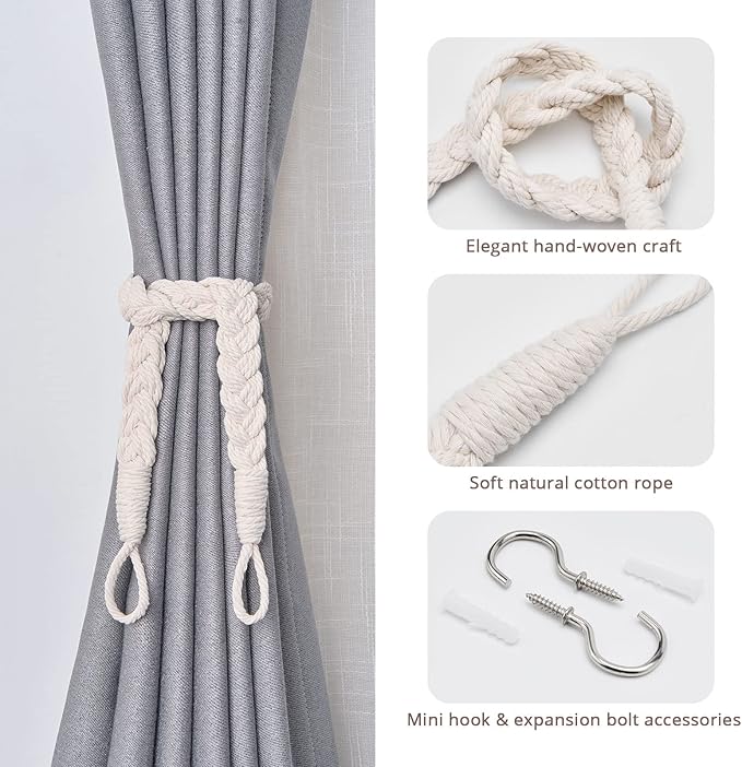 NICEEC 4 Pack Natural Cotton Rope Curtain Tiebacks Elegant Boho Style - Image 2