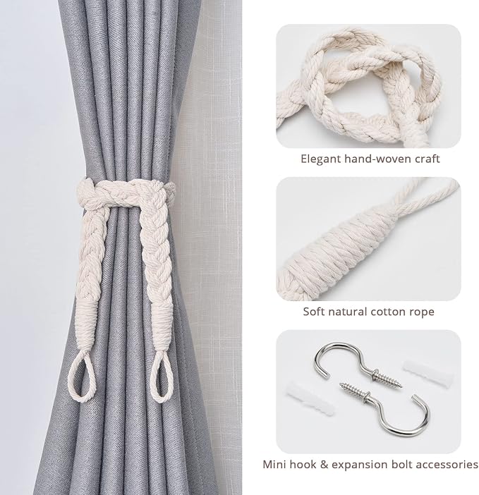 NICEEC 2 Pack Natural Cotton Rope Curtain Tiebacks Elegant Boho Style - Image 2