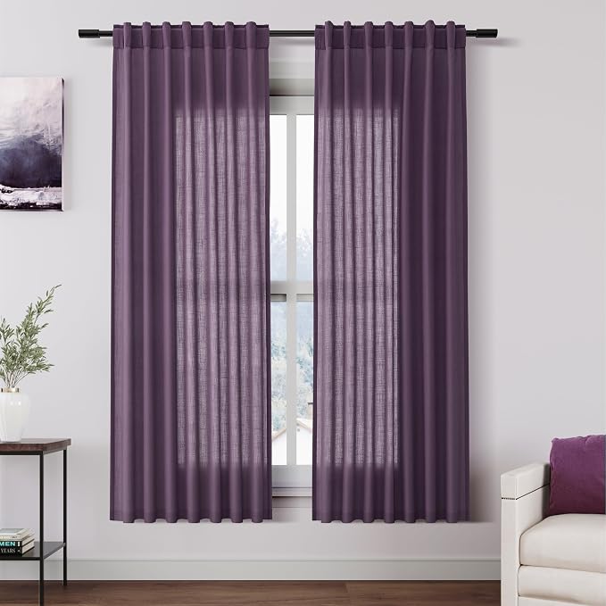 Plum Linen Curtains for Living Room 63 Inches Long 2 Panel Set Light Filtering by Nanspring