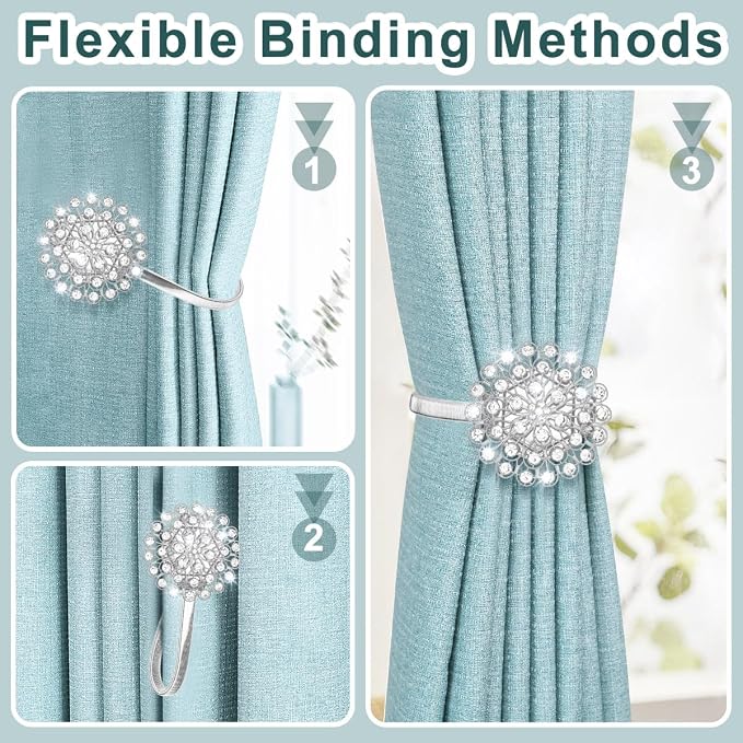 AULEEP Magnetic Curtain Tiebacks, 4 Pack Magnetic Crystal Decorative Drapes - Image 3