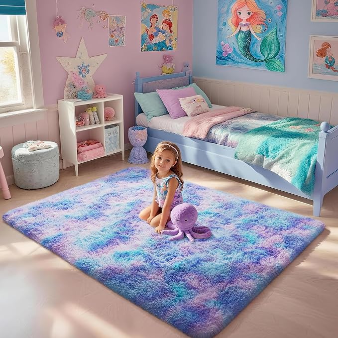 Ophanie Rainbow Purple Rug for Bedroom Girls, Unicorn Colorful Mermaid Fluffy - Image 3