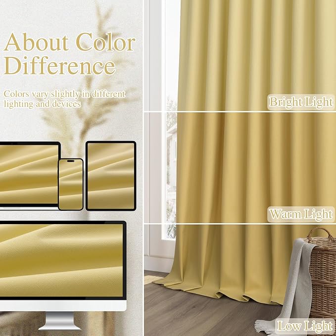Guken Yellow 100% Blackout Linen Curtains 96 Inch Length 2 Panels Set - Image 7