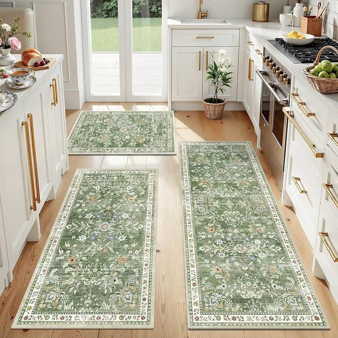 Yamaziot Washable Kitchen Rug Set of 3 – Non Slip Boho Floral Hallway Runner Rug by Yamaziot