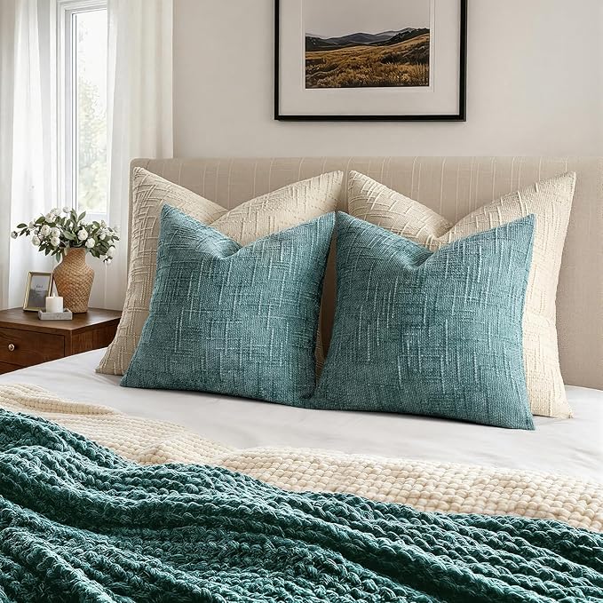 MIULEE Chenille Textured Throw Pillow Covers Teal 20x20 Set of 2 | Slubby - Image 5