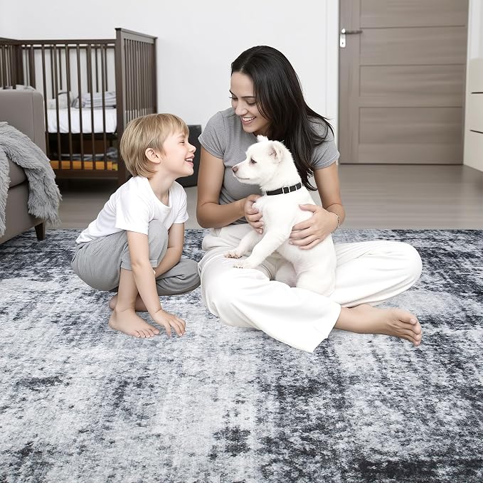 2.6'x8' Runner Rug Washable Rug;Modern Abstract Soft Thin Runner Rug Dark-Black - Image 7