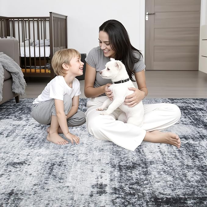 2x3 Washable Entryway Rug: Modern Abstract Soft Carpet Dark Black | - Image 8