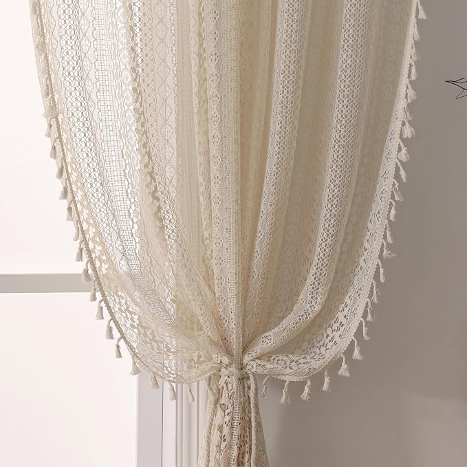 WAZZIO Boho Lace Curtains 63 Inches 2 Panel, Light Filtering Privacy Tassel & by WAZZIO