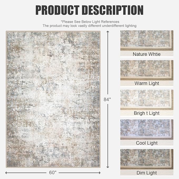 5x7 Area Rug Living Room Rug: Washable Modern Abstract Soft Thin Rug Indoor - Image 2