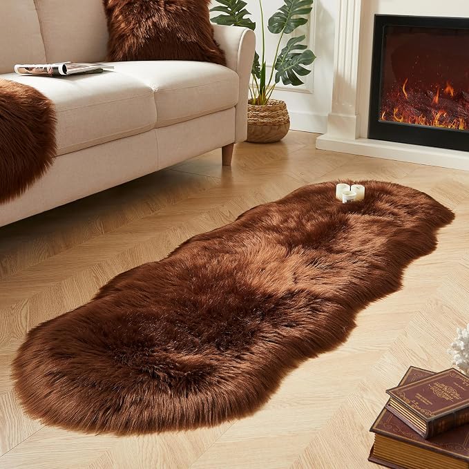 AMTOVO Faux Sheepskin Rug, Coffee Ultra Soft Fluffy Shag Area Rug, 2 x 6 ft - Image 2
