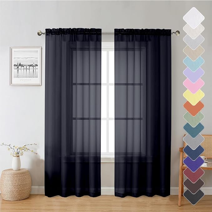 Lecloud Black Sheer Curtain Panels 72 Inch Length, Light Filtering Window by Lecloud