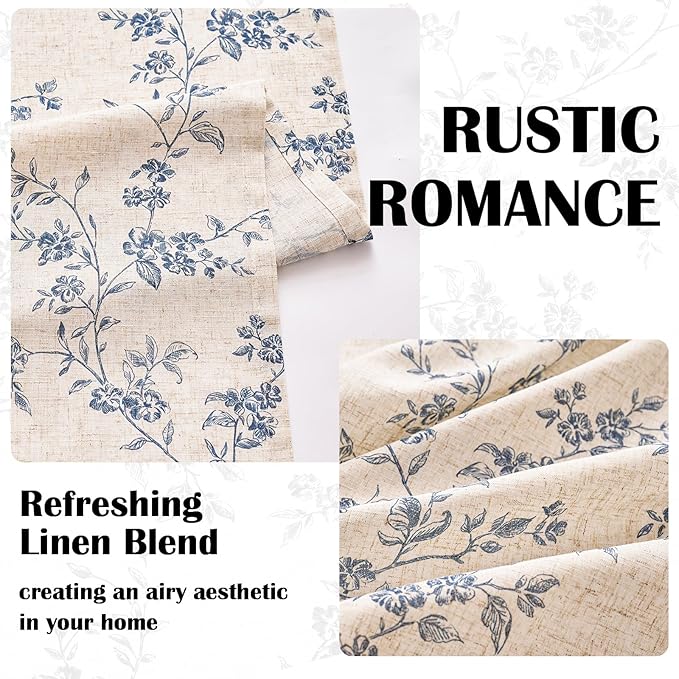 Lazzzy Blue Floral Linen Curtains 90 Inch Farmhouse Back Tab Drapes - Image 4