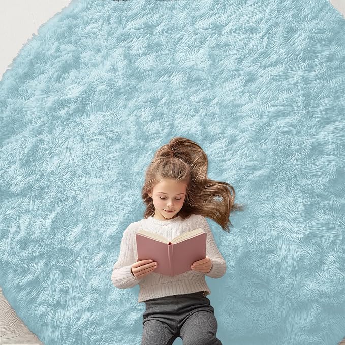 OLANLY Light Blue Round Rugs for Bedroom by OLANLY