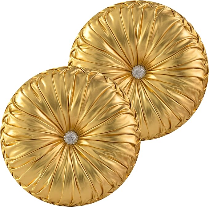 HIG Set of 2 Handcrafted Gold Ruched Round Throw Pillows – 14.5’’ Metallic - Image 2