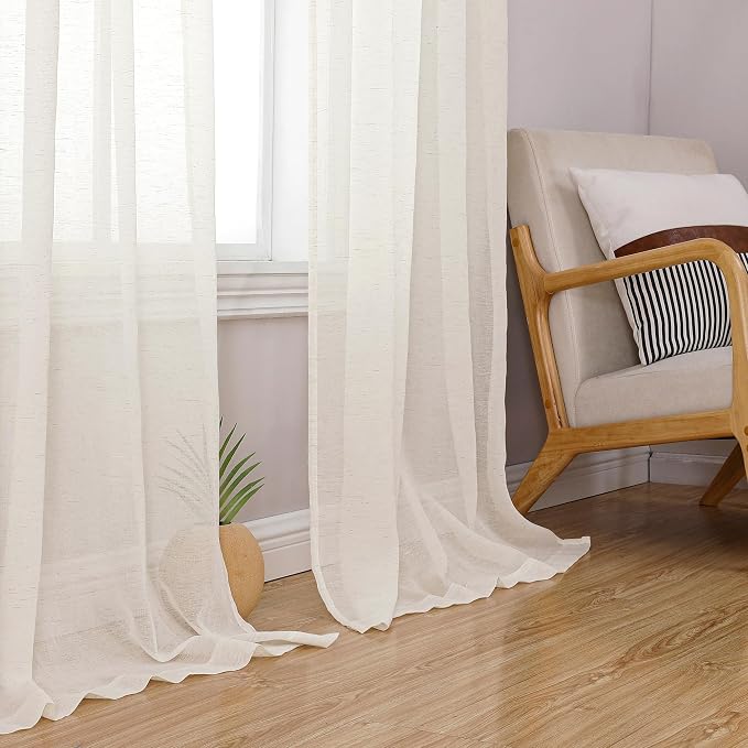 Simplebrand Natural Linen Textured Sheer Curtains 63 Inch Length 2 Panels - Image 7