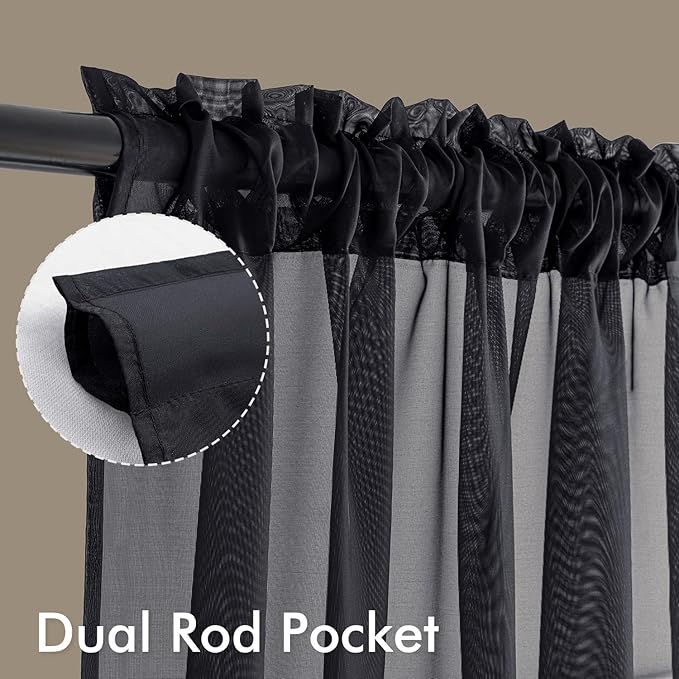 MIULEE Black Sheer Curtains 102 Inches Long 4 Panels Set, Light Filtering Rod - Image 3