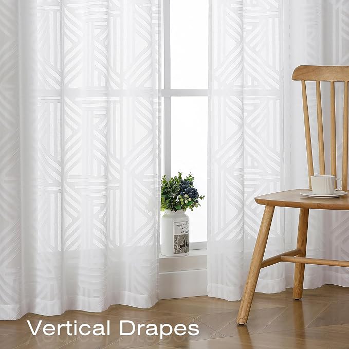 Simplebrand Semi Sheer White Curtains 45 Inch Length 2 Panels, Geometric - Image 5