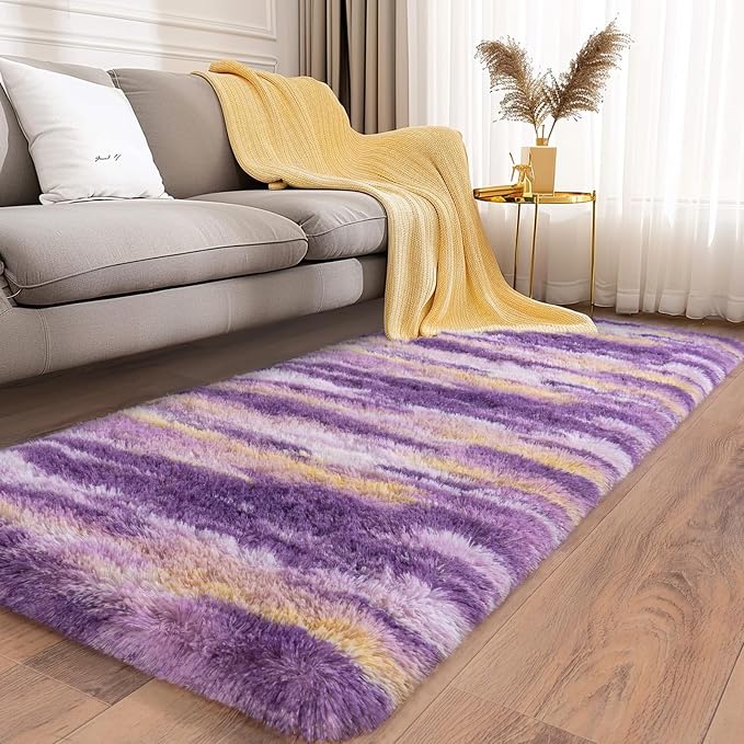 Soft Runner Rugs for Bedroom Hallways, 2x6 Abstract Purple Fluffy Shag Throw - Image 2