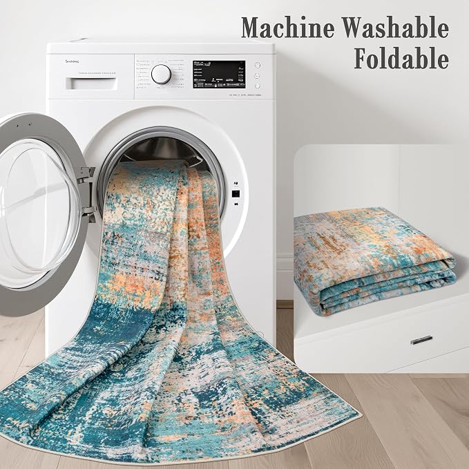2.6x14 Washable Runner Rug:Modern Abstract Soft Carpet Rosy Haze | - Image 6