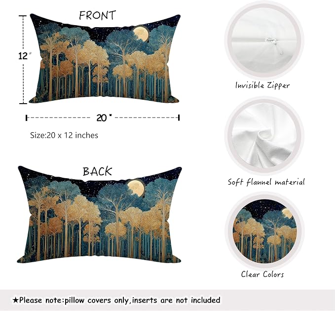 Rustic William Morris Inspired Gold Forest Moon Pillow Covers 12x20 Set of 2 - Image 2