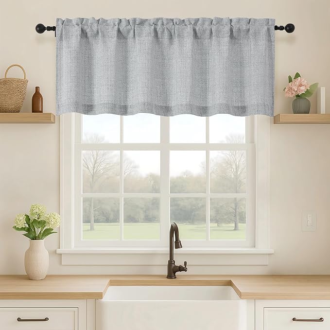OVZME Grey Valance for Windows, Light Filtering Faux Linen Textured Small by OVZME