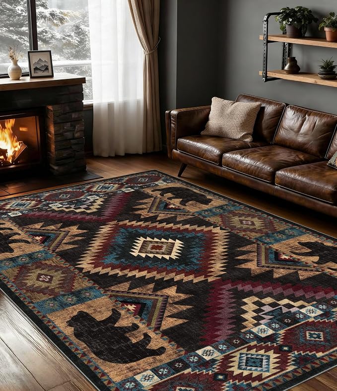 YIHOUSE Rustic Cabin Area Rug for Bedroom 5x7, Machine Washable Lodge Bear Rug by YIHOUSE