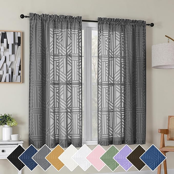 Simplebrand Grey Semi Sheer Curtains 45 Inch Length 2 Panels, Geometric by Simplebrand