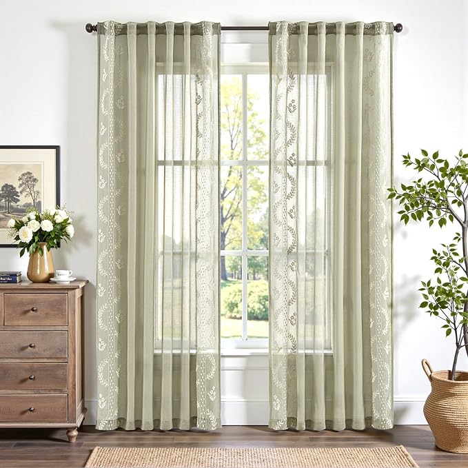 jinchan Belrose Sage Green Floral Sheer Curtains - Image 2