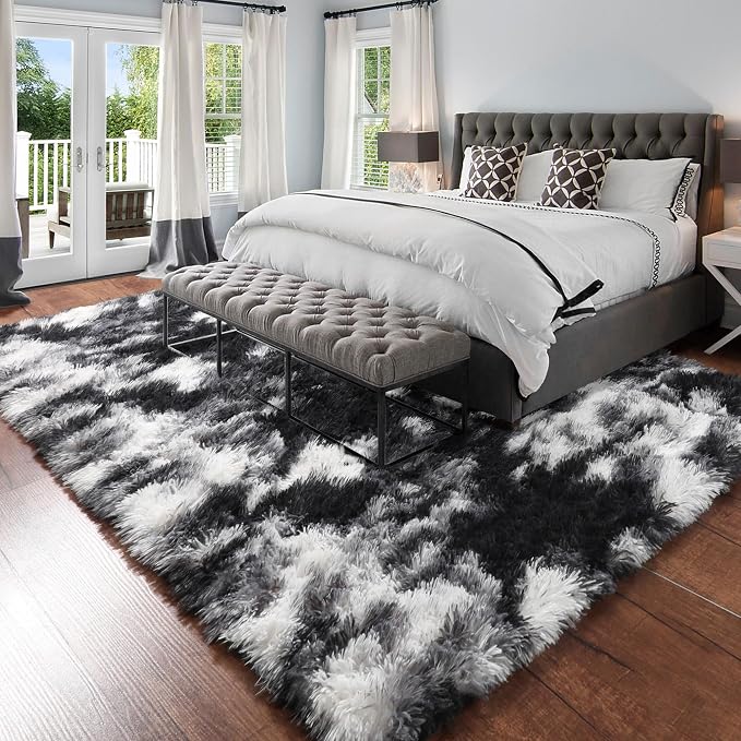Amdrebio Black White Grey Fluffy Area Rug 5x8 - Image 3