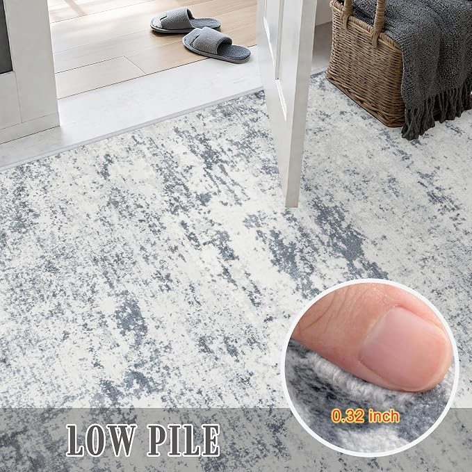 2.6x10 Washable Runner Rug:Modern Abstract Soft Carpet Blue Grey | - Image 7