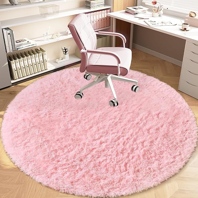 Pink Round Rugs for Bedroom: 4ft Circle Fluffy Shag Soft Washable Rug Small - Image 8