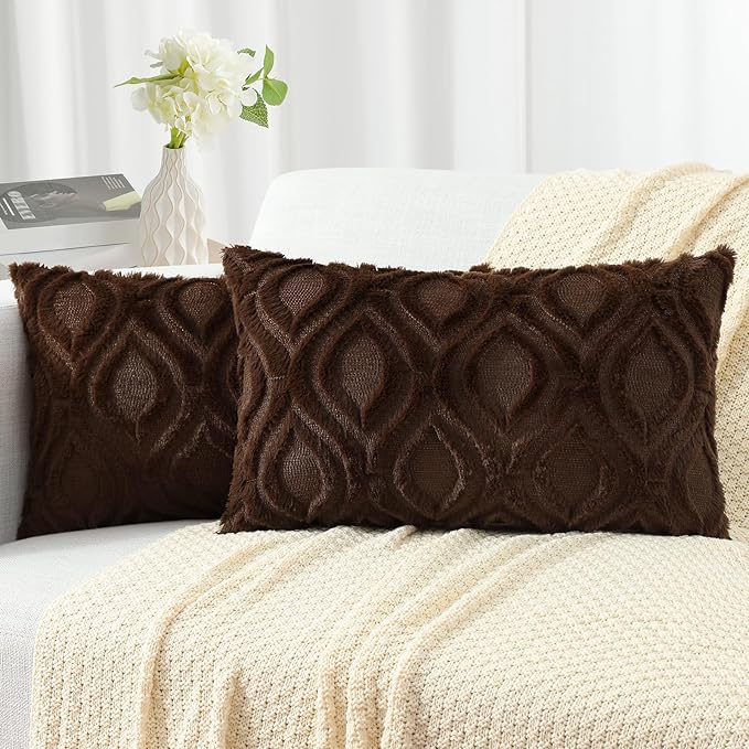 decorUhome Throw Pillow Covers 12x20 Inch Set of 2, Soft Plush Faux Wool Dark by decorUhome