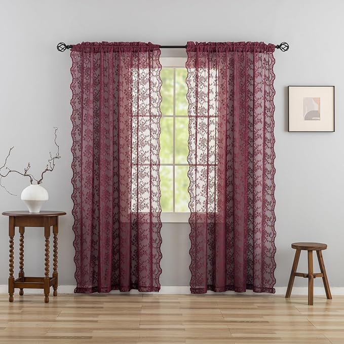 YJ YANJUN Vintage Lace Curtains 72 Inch Length -Dark Maroon Curtains - Image 3