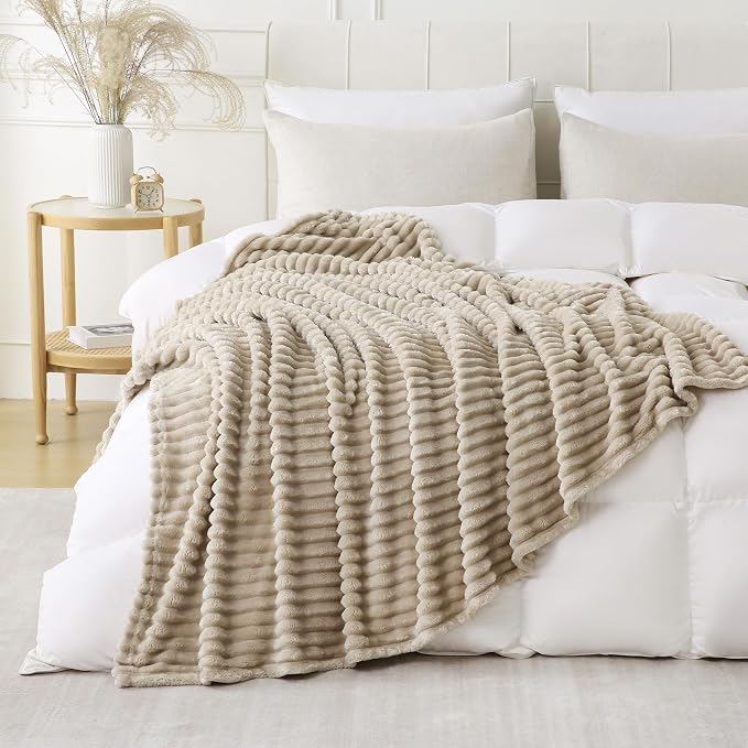 Khaki Throw Blanket for Couch Sofa 90x90 inches Striped Design | Fleece - Image 2